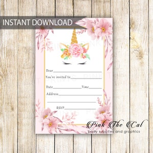 Printable Unicorn Invitation, Floral Unicorn Invitation Download, Unicorn Birthday Invitation, Unicorn Fill In Invitation Instant Download image 1