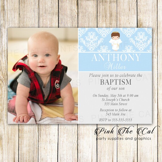 boy baptism invitation with angel printable christening baby etsy