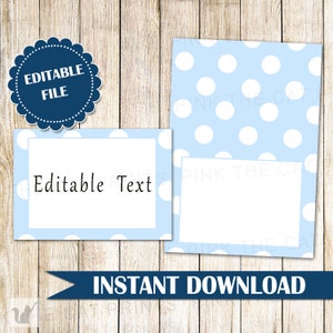 Blue White Polka Dots Blank Card - Seating Placement Cards Food Tent Or Blue Place Labels Printable Baby Shower Wedding INSTANT DOWNLOAD