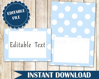 Blue White Polka Dots Blank Card - Seating Placement Cards Food Tent Or Blue Place Labels Printable Baby Shower Wedding INSTANT DOWNLOAD