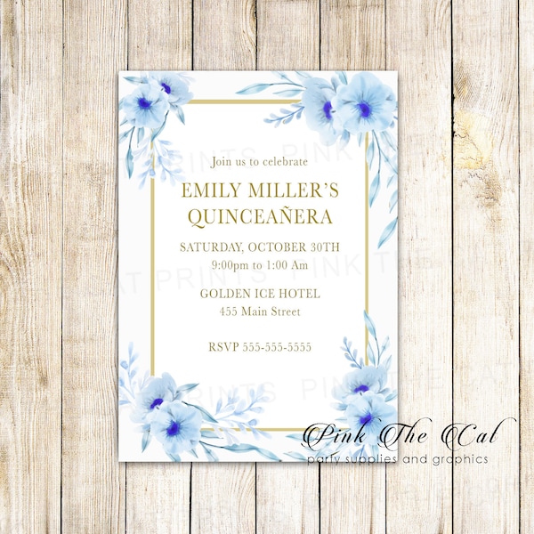 Floral Invitation for Teens Birthday Quinceanera, Sweet 16 or Bat Mitzvah, available any age, printable template with light blue flowers