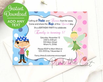 Pirates and fairies kids birthday party invitation digital file and editable, print or share online