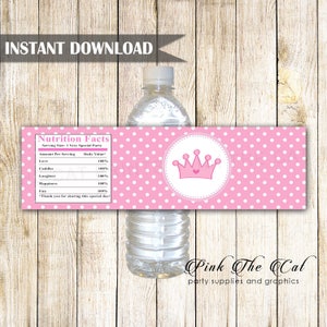 Princess Birthday Party Water Bottle Labels - Polka Dots Pink Princess Bottle Labels Princess 1st Birthday Party Favors INSTANT DOWNLOAD