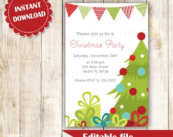 Puede incluir: Una invitación imprimible para una fiesta de Navidad con un árbol de Navidad verde, adornos rojos y verdes y regalos. El texto dice "Por favor, únase a nosotros para una fiesta de Navidad, sábado 24 de diciembre a las 5:00 pm, 555 Main Street, Miami FL 33166, Por favor, RSVP al 555-5555, Archivo editable".
