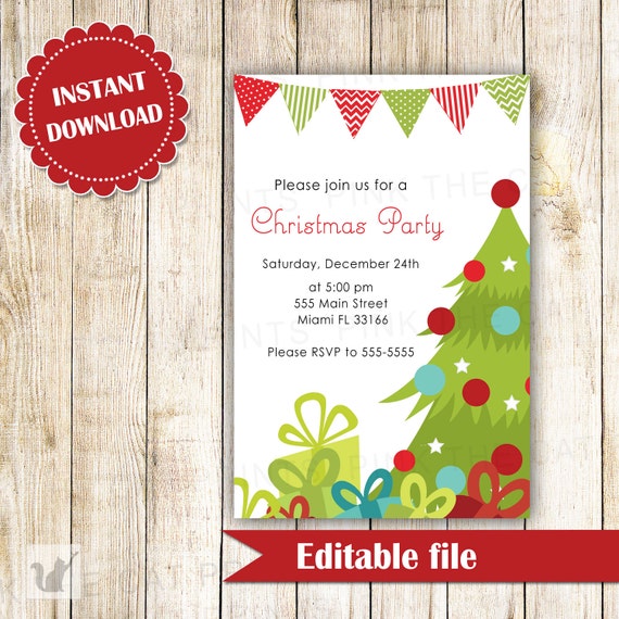 ON SALE Christmas Invitation - Christmas Tree Invitation Christmas Party Invitation, Christmas Invite Editable File Instant Download