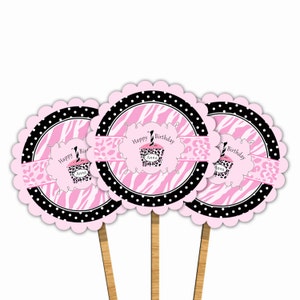 Printable Personalized Pink Zebra Leopard Happy Birthday Cupcake Topper - Jungle Safari Polka Dots Circle Tags Girl