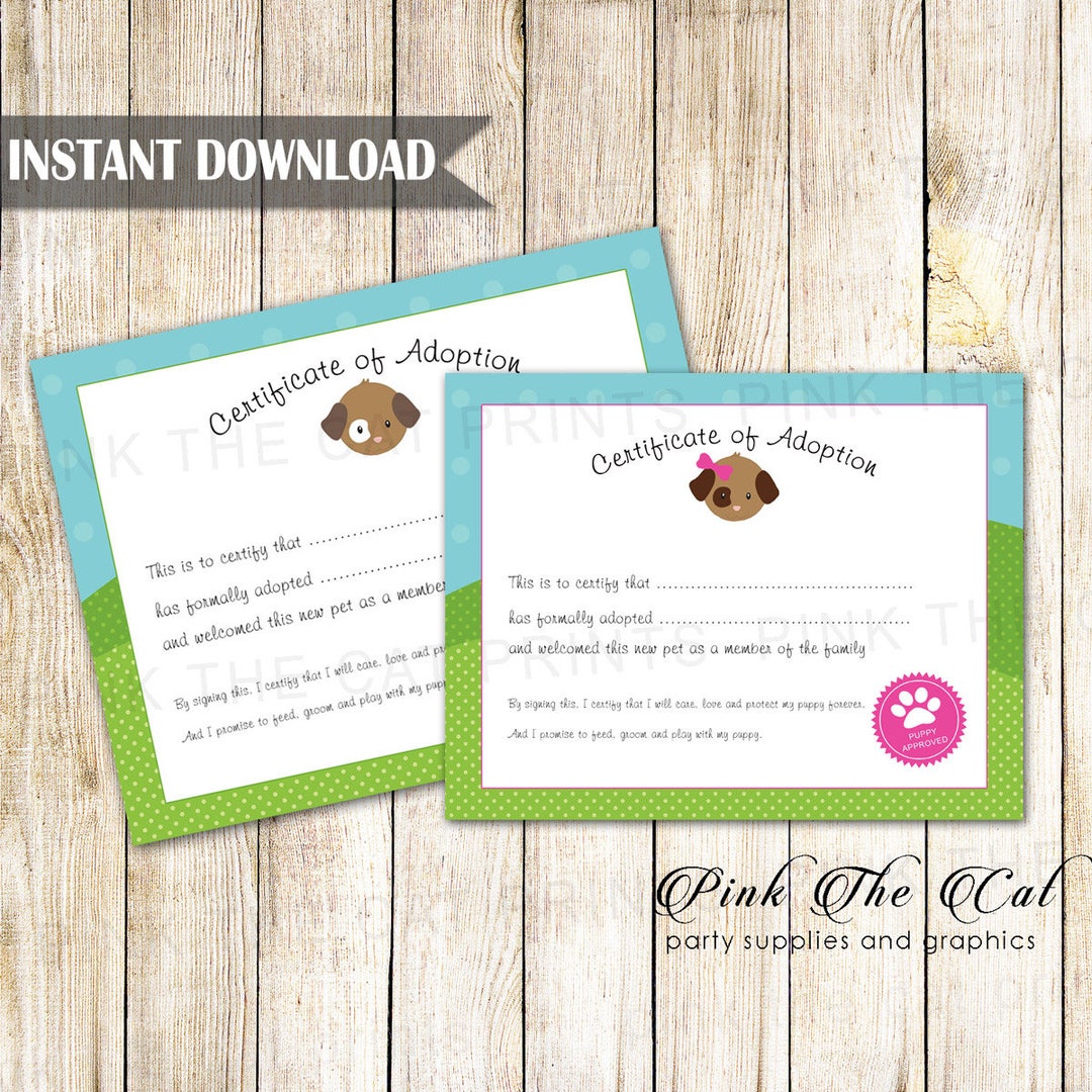 Certificate of Adoption Puppy Birthday Party Favor Kids Girl and Boy ...