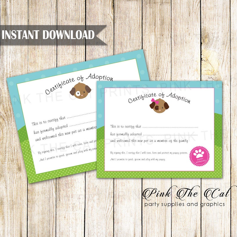 Certificate of Adoption Puppy Birthday Party Favor Kids Girl and Boy ...