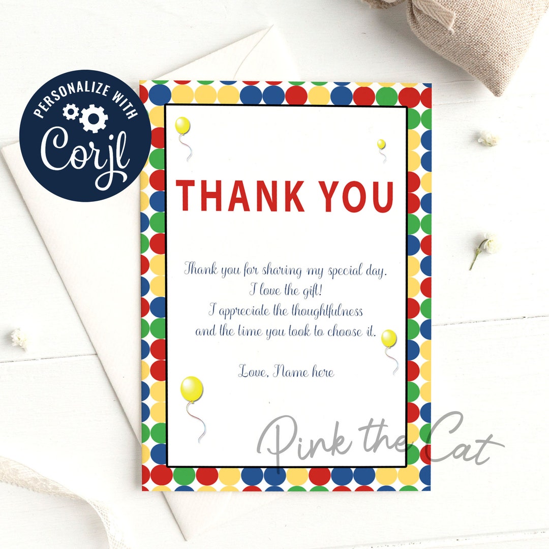 Kids Birthday Thank You Card, Boy Birthday Thank You Note With Primary