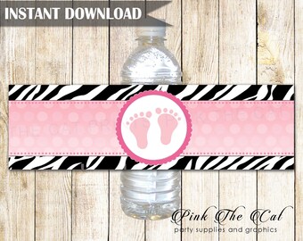 Roze Zebra waterfleslabel, roze voetafdrukken flesetiketten, afdrukbare baby shower gunsten flesetiketten voor meisjes stickers INSTANT DOWNLOAD