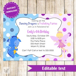 May include: A blue and yellow dragon and a pink fairy on a blue and white polka dot background and a pink and yellow polka dot background. The text reads "Calling all the Dancing Dragons & Frolicking Fairies Join us in Fairyland for Emily's 4th Birthday Sauturday, October 5th 5:00 to 8:00 pm The Party Place 555 Main Street Miami FL 33166 Can't fly? Call or text to 555-5555 Editable text"