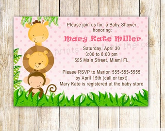 ON SALE Jungle Invitation, Baby Girl Shower, Jungle Baby Shower, Pink Brown Girl Shower Invite, Elephant Monkey Lion Invite Instant Download