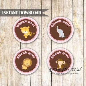 Pink Jungle Gift Favor Labels, Safari Animals Gift Favor Tags, Printable Jungle Birthday Party Stickers Safari Baby Shower INSTANT DOWNLOAD