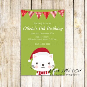 Kids Christmas Birthday Invitation - Christmas Invitation Kids Birthday Party Invitation, Kitten Christmas Inviation, Christmas Birthday