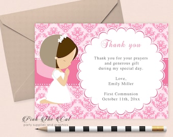 Eerste communie meisje dank u kaart, bidden Bedankkaart meisje, Meisje Communie bedankje, Bedankkaart Pink meisje bidden afdrukbare