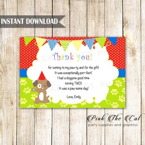 Chiot Pawty Note carte de remerciement - enfants anniversaire fille rouge vert Bunting bannière amusante carte de voeux modifiable imprimable Téléchargement instantané