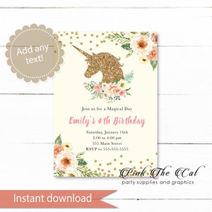 ON SALE Printable Unicorn Invitation, Glitter Unicorn Invitation, Gold Blush Pink Digital Unicorn Invitation Template Instant Download image 1