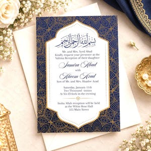May include: A rectangular wedding invitation card featuring a deep blue background with intricate gold mandala-style patterns. The center white panel displays elegant black text announcing the Valima reception of Samira Abad and Aheem Azad.