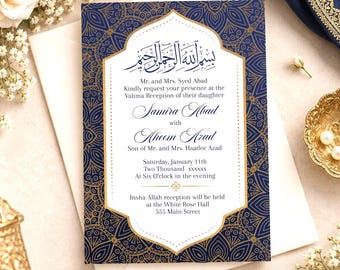 May include: A rectangular wedding invitation card featuring a deep blue background with intricate gold mandala-style patterns. The center white panel displays elegant black text announcing the Valima reception of Samira Abad and Aheem Azad.
