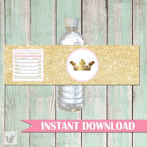 Gold Glitter Princess Bottle Labels Princess Baby Shower Water Bottle Wrappers Princess Birthday Printable Princess Labels INSTANT DOWNLOAD
