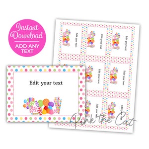 Etiqueta o etiqueta del favor de la fiesta de cumpleaños del tema de los dulces del caramelo para los niños, etiqueta del favor del caramelo imprimible, tarjetas pequeñas del tema del caramelo DESCARGA INSTANTE
