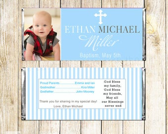 Blau Weiße Streifen Taufe Candy Bar Wrappers - Printable Personalisierte Junge Taufe Kommunion Gastgeschenke Benutzerdefinierte Partydekorationen