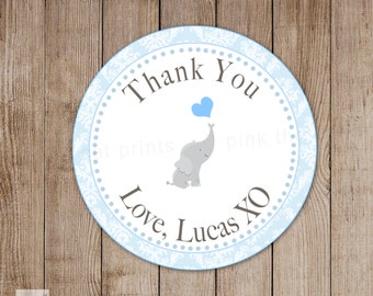 Olifant gunst Label - damast verjaardagspartij of Baby Boy douche gepersonaliseerde Gift Bag Tags afdrukbare