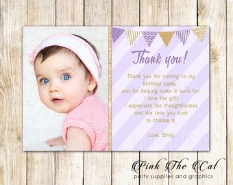 Lavender Thank You Card With Photo Girl Birthday Thank You Note Photo Card - Printable Purple Gold Thank You Card Birthday Thank You Card