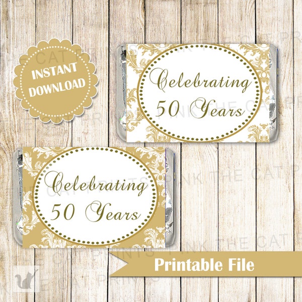 50th Anniversary Candy Labels - Golden Anniversary Candy Wrappers Gold Wedding Anniversary Labels Mini Candy Wrappers INSTANT DOWNLOAD