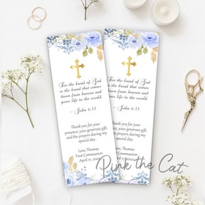 30 Printed First Communion Bookmarks for Girl or Boy, also suitable for Baptism and Confirmation, Floral blue and gold design