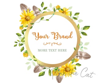 Sunflower logo png for your etsy shop or any website or business, watercolor boho sunflower branding glitter logo premade design