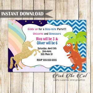Unicorn Dinosaur Invitation - Dino Unicorn Invitation Kids Birthday Party Invites Editable File Twins Birthday Joint Party INSTANT DOWNLOAD