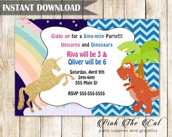 Unicorn Dinosaur Invitation - Dino Unicorn Invitation Kids Birthday Party Invites Editable File Twins Birthday Joint Party INSTANT DOWNLOAD