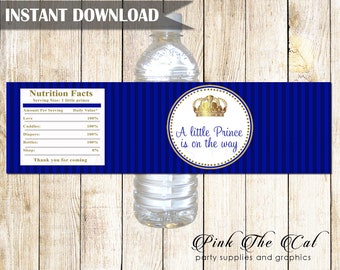 Prince Water Bottle Label, Prince Baby Shower Bottle Stickers, Blue Gold Prince Printable Bottle Label Template INSTANT DOWNLOAD