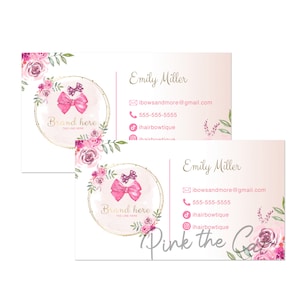 Carte de visite d'accessoires pour cheveux avec modèle de logo pour votre boutique Etsy ou tout site Web ou entreprise, conception préfabriquée aquarelle florale rose