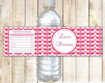 Valentines Water Bottle Labels - Love Potion Hearts Pink Red Bridal Shower Wrappers Printable INSTANT DOWNLOAD