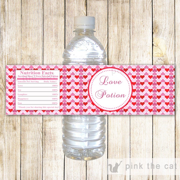 Valentines Water Bottle Labels - Love Potion Hearts Pink Red Bridal Shower Wrappers Printable INSTANT DOWNLOAD