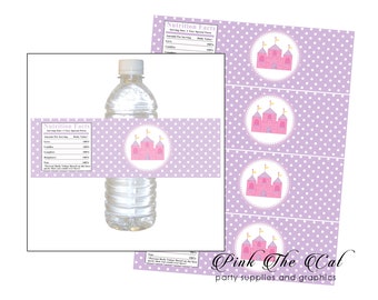 Princess castle bottle label, castle favor labels, princess castle birthday favors, purple pink castle baby shower favors INSTANT DOWNLOAD