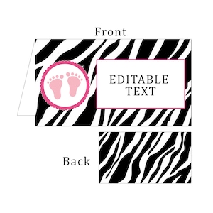 INSTANT DOWNLOAD - Printable Editable Blank Folded Tent Card - Baby Feet Pink Zebra Safari Baby Shower Decorations Baby Shower Favors