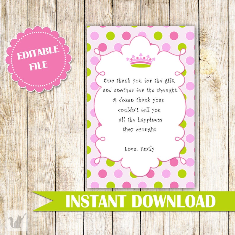 Princess Birthday Thank You Card INSTANT DOWNLOAD Princess Thank You Cards Princess Thank You Note Princess Baby Shower Thank You Card