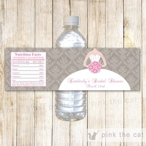 Pink Silver Grey Damask Bridal Shower Bottle Label Wrappers - Bouquet Bride Birthday Party Quinceanera Sweet 16 Printable File Personalized