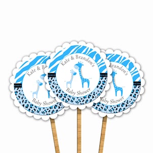 Blue Giraffe Scalloped Baby Shower Cupcake Toppers - Leopard Zebra Jungle Safari Cupcake Decorations Printable Boy Baby Shower Decorations