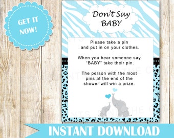 Dont Say Baby Game - Elephant Baby Boy Shower Game Party Activity Sign Blue Grey Turqoise Spinkle INSTANT DOWNLOAD