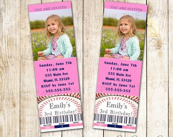 Baseball Invitation For Girl - Pink Blue Baseball Birthday Ticket Invitation Personalized With Photo Printable Baseball Ticket Invitation