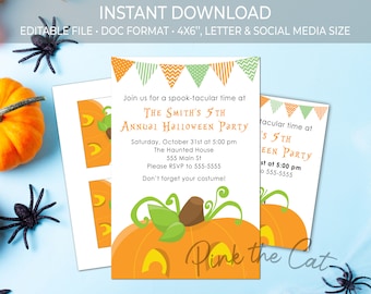 Halloween party invitation template pumpkin for kids and adults, halloween printable invitation, virtual halloween invite instant download