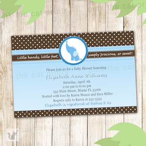 Elephant Baby Shower Invitation Card - Blue Brown Polka Dots Boy Party Invite Also 1st Birthday Printable Personalized