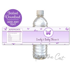 Etichetta bottiglia farfalle per compleanno, baby shower bambina o qualsiasi evento, modello di design lavanda viola, download istantaneo
