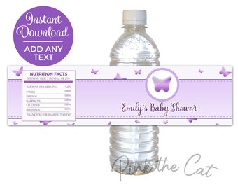 May include: Purple and white water bottle label with a butterfly design. The label says "Emily's Baby Shower" and includes a nutrition facts section with a humorous list of items like "family", "friends", and "happiness".