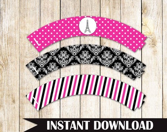 Paris Cupcake Wrapper Paris Birthday Party Cupcake Wrapper - Paris Baby Shower Paris Birthday Decorations Hot Pink Black INSTANT DOWNLOAD