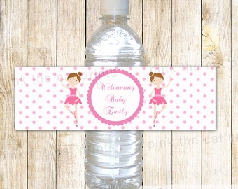 Bailarina botella de agua etiqueta bebé niña ducha niños cumpleaños decoración del partido para imprimir artículo rosa Ballet Danza Polka DotsINSTANT descargar